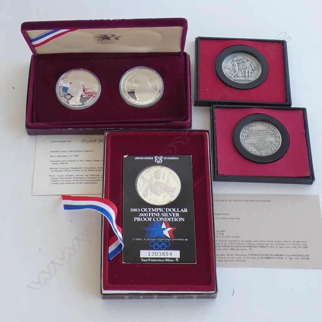 3 X USA PROOF COINS. 1975 LEE MORGAN MEDALS. 1983 $1.1983 PR OLYMPIC $1'S Image 1++