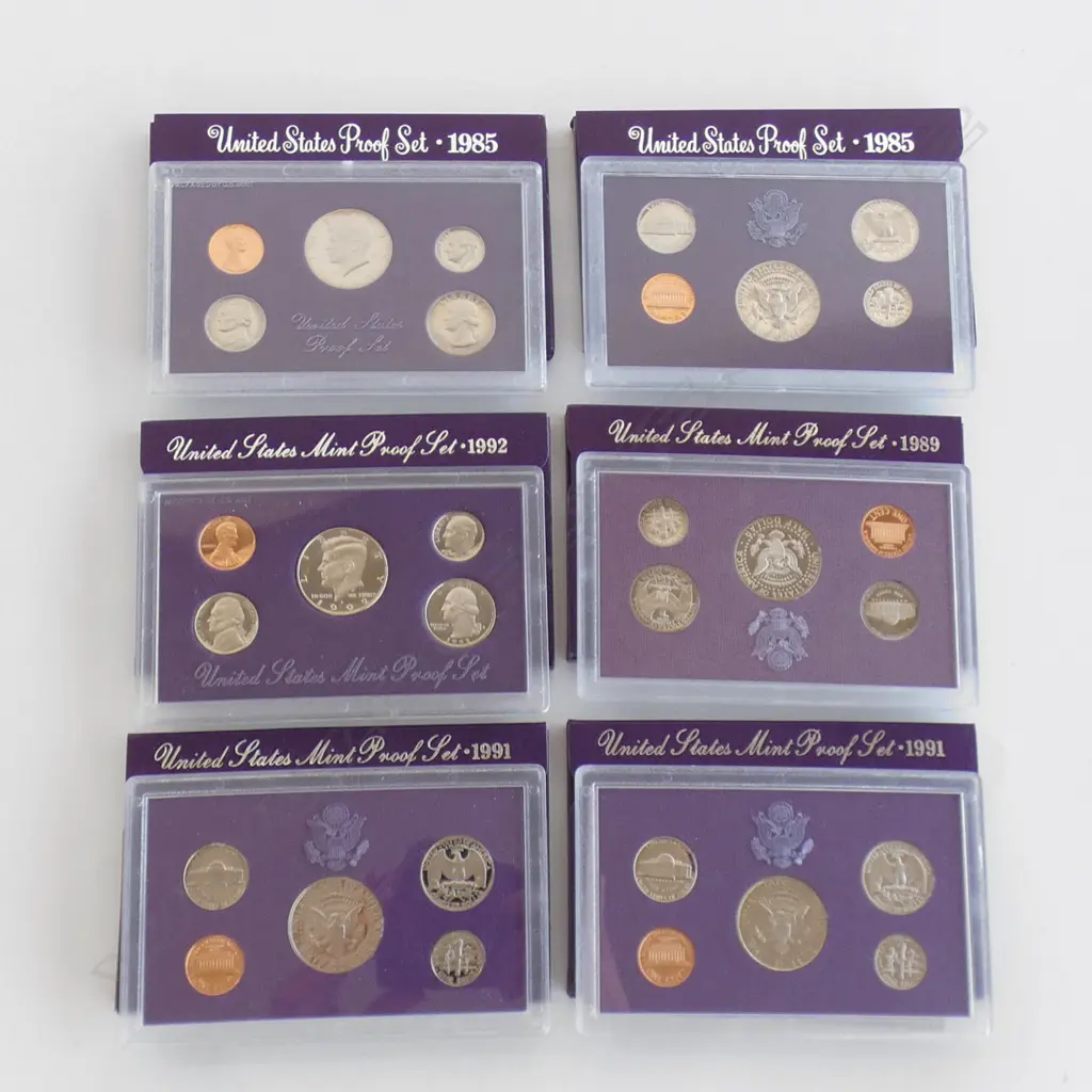 6X USA PROOF COIN SETS 1985 X2, 1989. 1991 X2 + 1992 PURPLE BOXED Image 1++