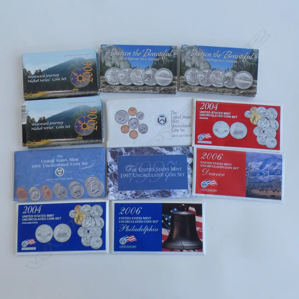 11 USA PACKAGED COIN SETS. INCLS 7X UNC SETS + 2 WESTWARD JOURNEY + 2 X 2010 AMERICA THE BEAUTY Image 1++