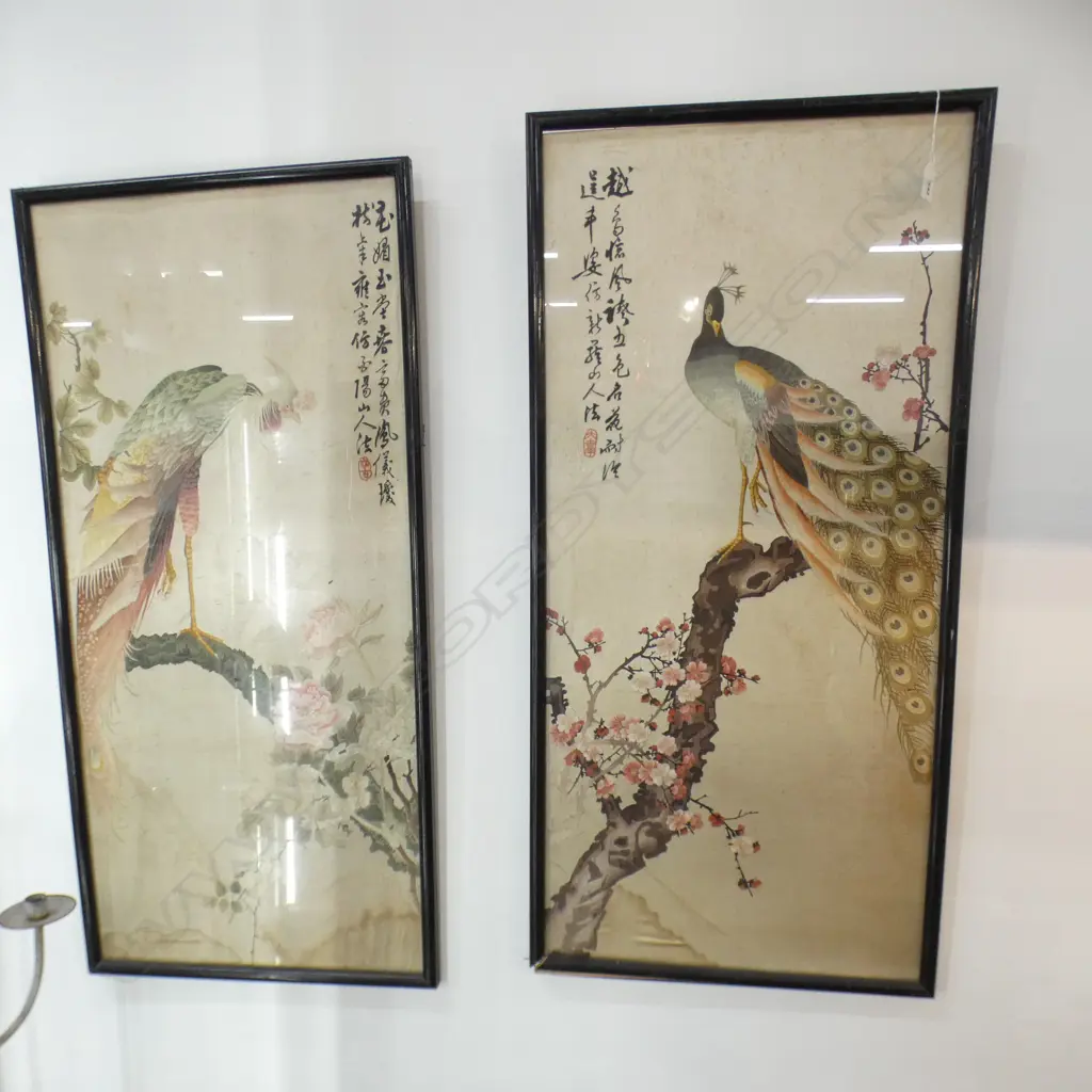 2 JAPANESE EMBROIDERED SILK PANELS, FRAMED & GLAZED, 960 x 440mm Image 1++