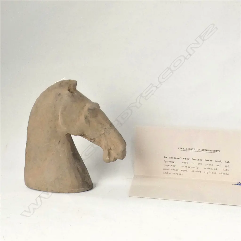 HAN DYNASTY UNGLAZED GREY POTTERY HORSE HEAD H 175MM C 206BC - 220AD WITH CERT OF AUTHENTICITY...  Image 1++