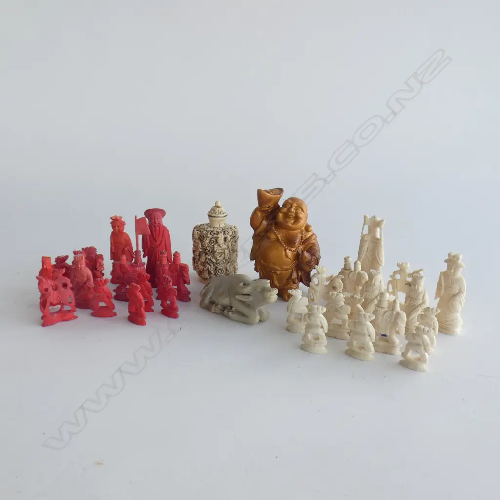 BOX PART BONE CARVED CHINESE CHESS SET + MINI CARVINGS + RESIN BUDDHA ETC Image 1++