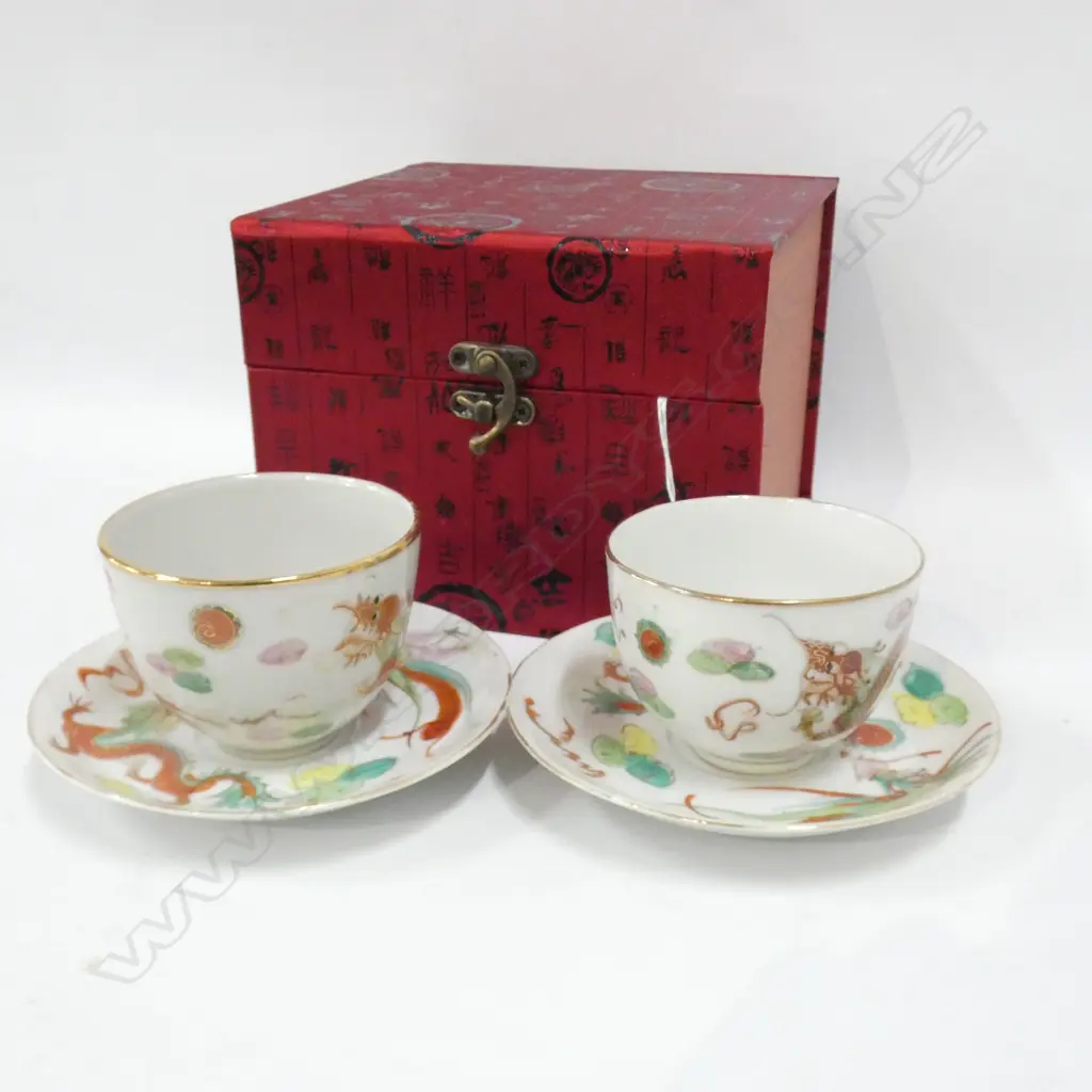 CHINESE REPUBLIC ERA (1911-1949) PR TEA CUPS & SAUCERS IN ORNAMENTAL BOX Image 1++