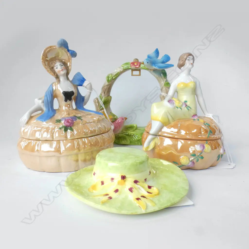 PR PORCELAIN BOXES - LADY FIGURE LIDS (DIA 110MM) + PORCELAIN HAT (DIA 100MM)  & BOWER OF BIRDS & FLOWERS  Image 1++