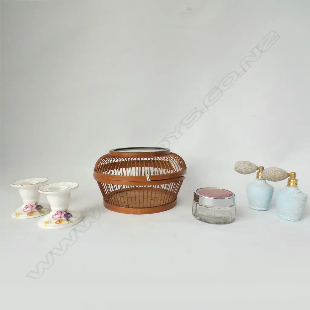 SM CANE LIDDED BOX, BUTTERFLY PRESSED LID (DIA 152MM) PR SCENT BOTTLES; PR CANDESTICKS & PINK GUILLOCHE LIDDED GLASS BOX Image 1++