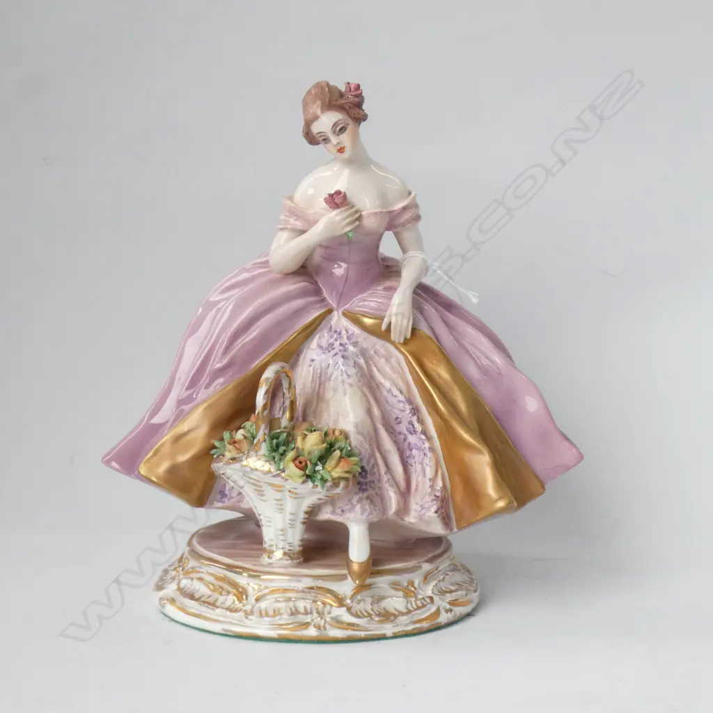 PORCELAIN LADY FIGURINE WITH FLOWER BASKET - ETCHED SIGNATURE TO BASE H 215MM Image 1++
