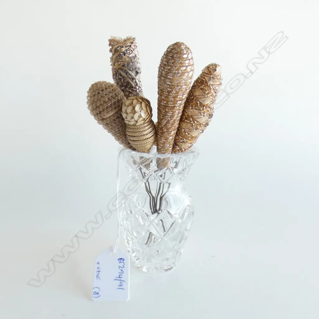 8 VINTAGE HATPINS IN GOLD TONES IN SMALL CRYSTAL VASE Image 1++