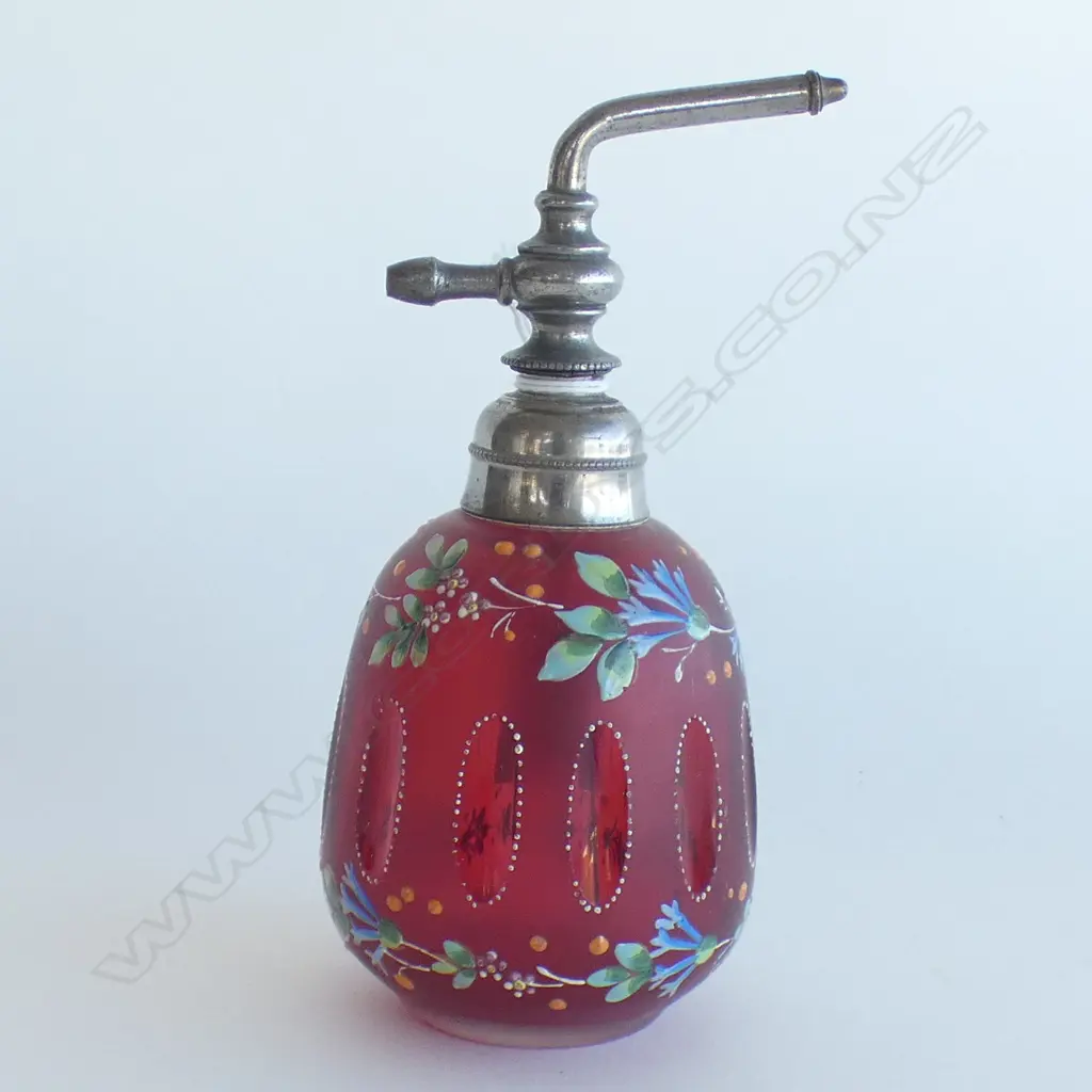 VICT CRANBERRY GLASS PERFUME BOTTLE WITH ENAMEL DECORATION H 150 MM Image 1++