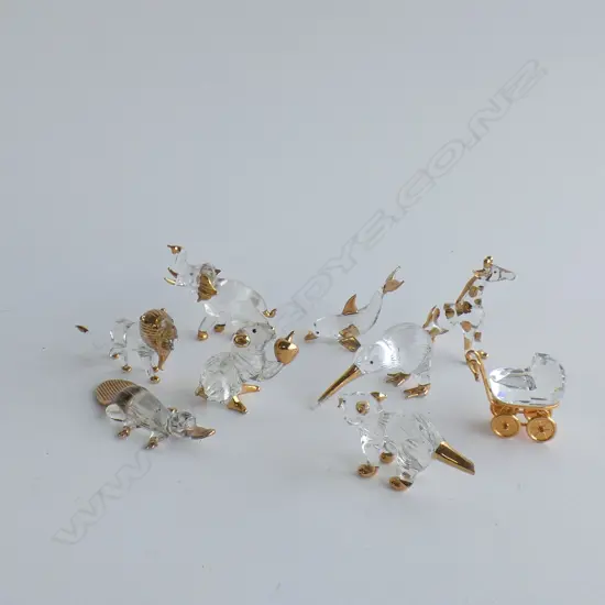8 MINIATURE GLASS ANIMALS WITH GOLD PAINTED ACCENTS + MINIATURE GLASS PRAM Squirrel, Giraffe and Tasmanian devil faulted