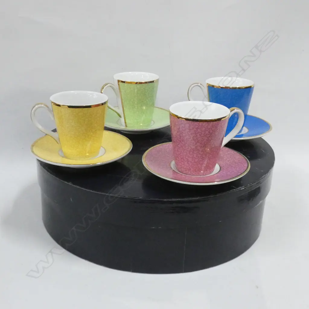 ROYAL WORCESTER SET OF 4 ASST COLOURED COFFEE CUPS & SAUCERS HRH 80TH BIRTHDAY - IN ORIGINAL BOX Image 1++