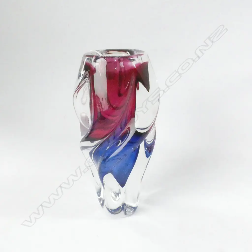 CZECH PINK & BLUE HEAVY ART GLASS VASE H. 210MM Image 1++