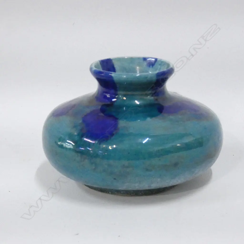 O C STEPHENS BLUE /TURQUOISE SQUAT VASE SIGNED Dia.100mm Image 1++