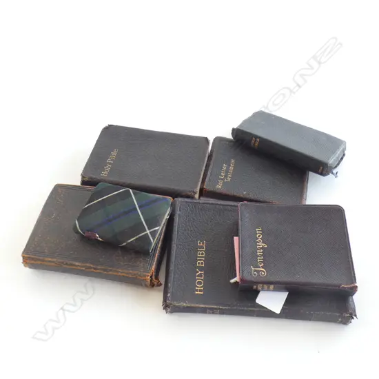 7 OLD LEATHER BOUND BOOKS HOLY BIBLES ETC L 180 MM