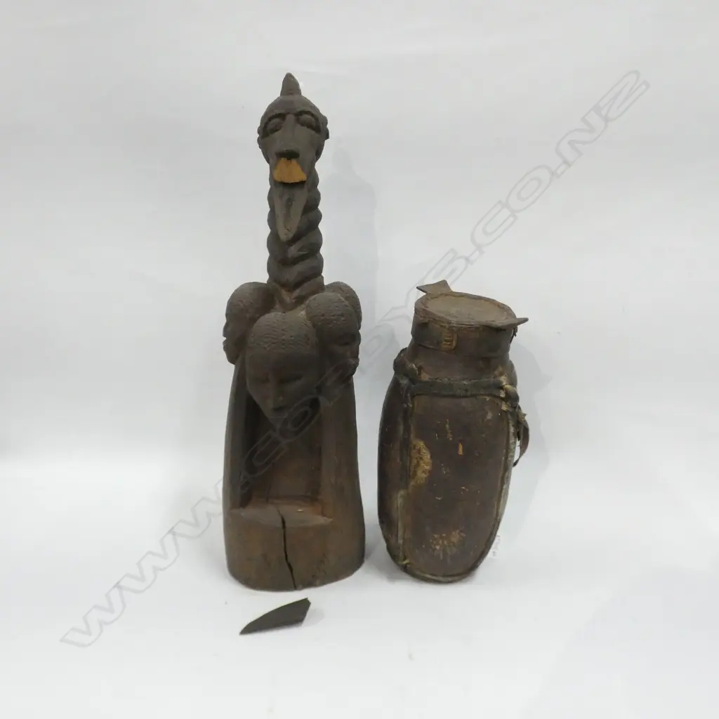 AFRICAN TOTEMIC FIGURE H. 425mm & ANIMAL HIDE VESSEL H.250mm Image 1++