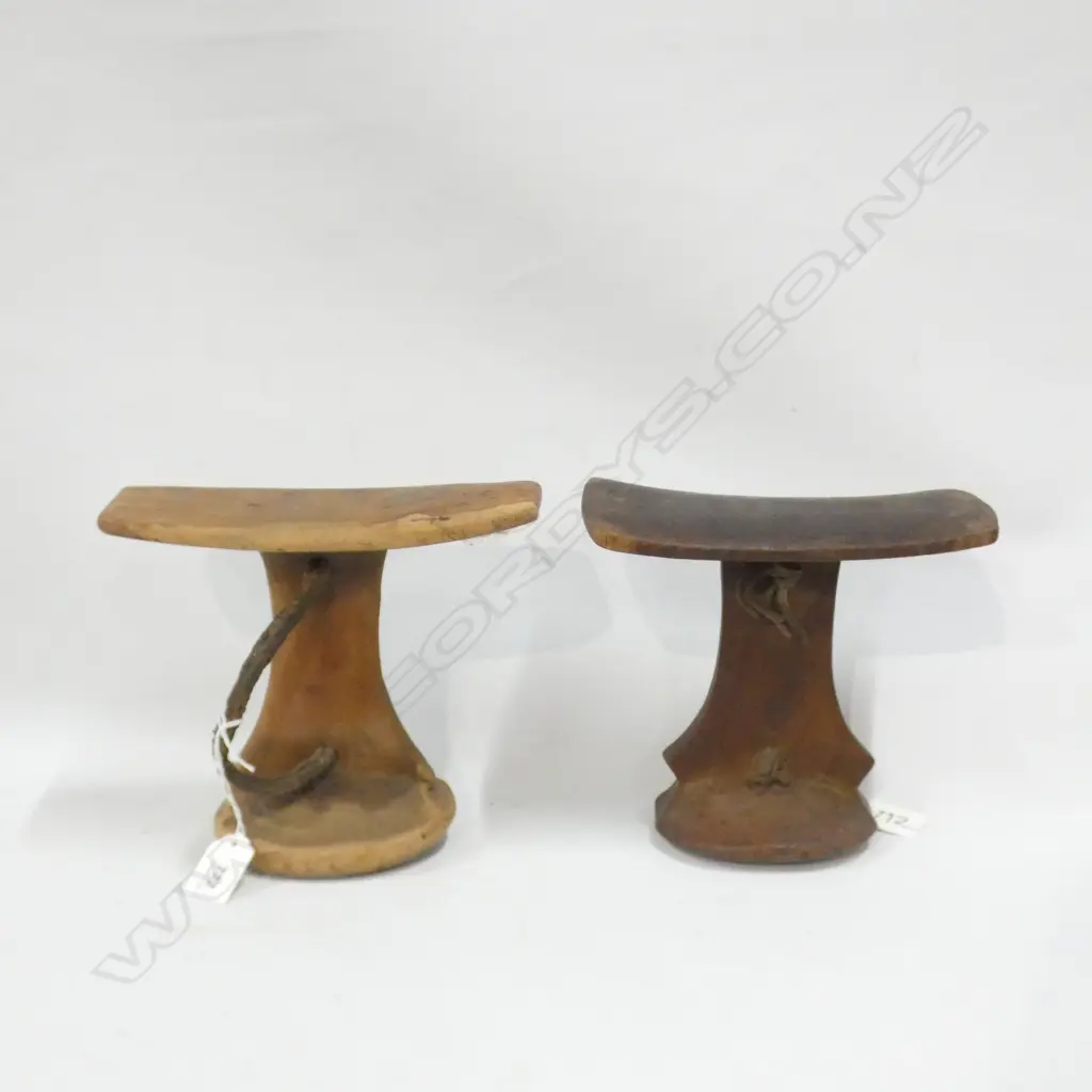 2 CARVED WOODEN AFRICAN STOOLS w. PLATED HIDE HANDLES H.170mm Image 1++