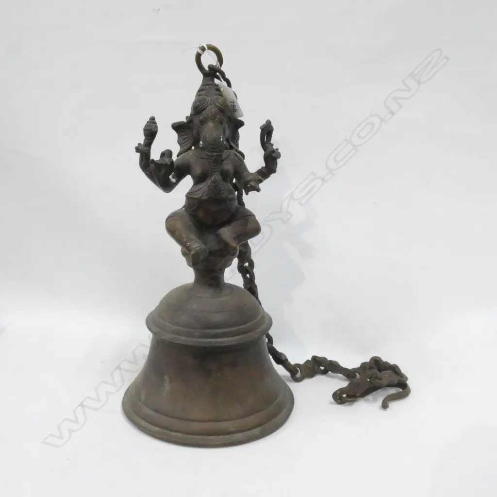 BRONZE BELL SURMOUNTED BY GANESH FIGURE, SUSPENDED ON CHAIN. H.360mm excl chain Image 1++