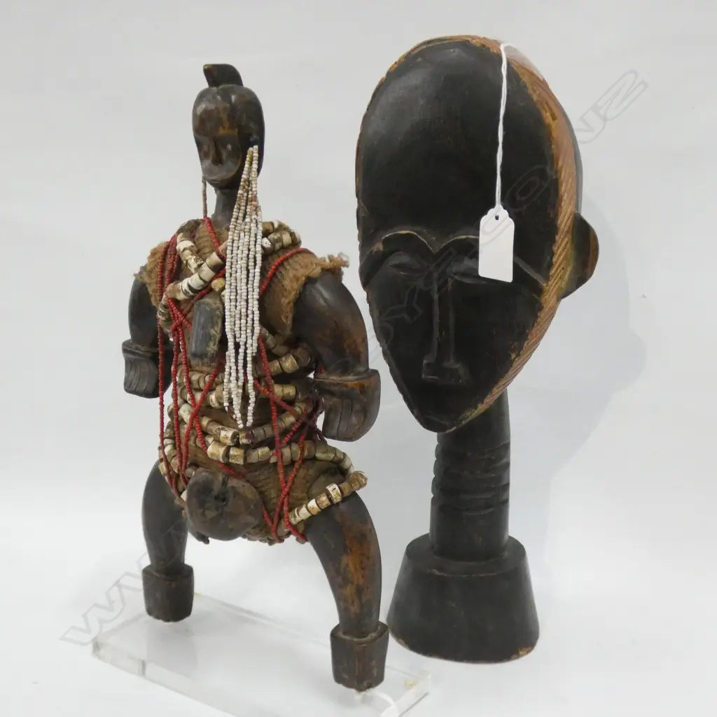 ASHANTI AKUABA  WOODEN FERTILITY STATUE ON PERSPEX BASE (H 330MM)  & CARVED WOODEN HEAD (H 340MM) Image 1++