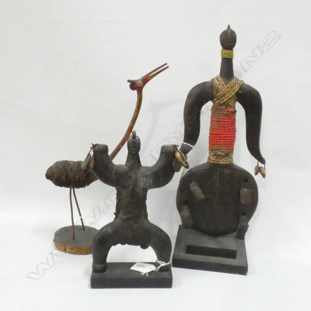 3 CARVED WOODEN TRIBAL FIGURES INCL BIRD. TALLEST H 380MM Image 1++