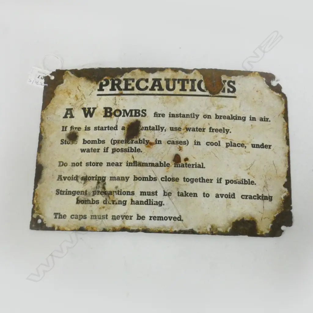 WWII ENAMEL SIGN; 'PRECAUTIONS; A W BOMBS...' 200x300mm Image 1++