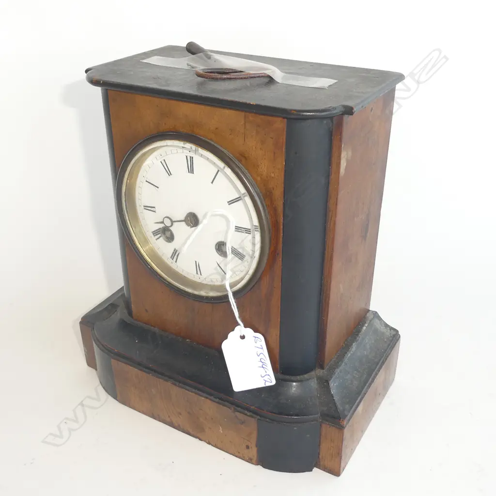 VICTORIAN WALNUT & EBONISED MANTLE CLOCK ENAMELLED DIAL H.205mm Image 1++