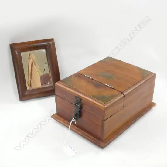 WOODEN JEWELLERY BOX WITH BRASS CORNERS & INTERNAL MIRROR L 235MM