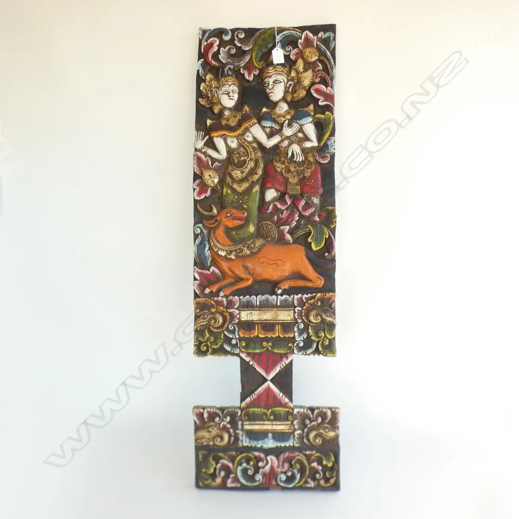 A CARVED BALINESE WOODEN PAINTED PANEL H 1030 MM Image 1++