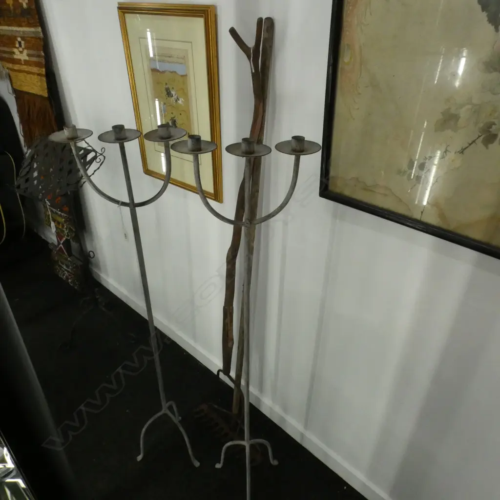 OLD TOOLS; RAKE, FORK, PR TALL METAL CANDLEHOLDERS H.1100mm Image 1++