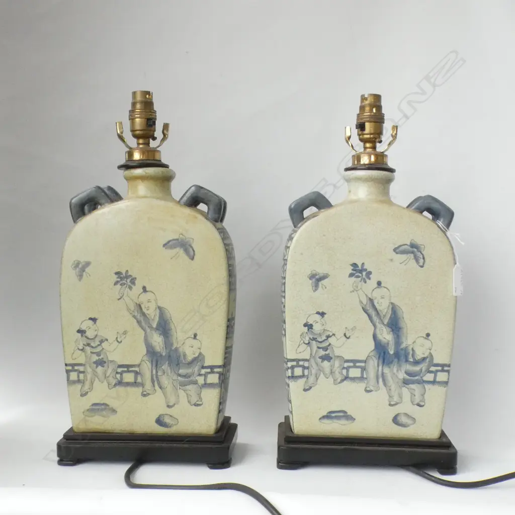 PR ORIENTAL BLUE & WHITE CRACKLE GLAZE PORCELAIN TABLE LAMP BASES H 425MM Image 1++