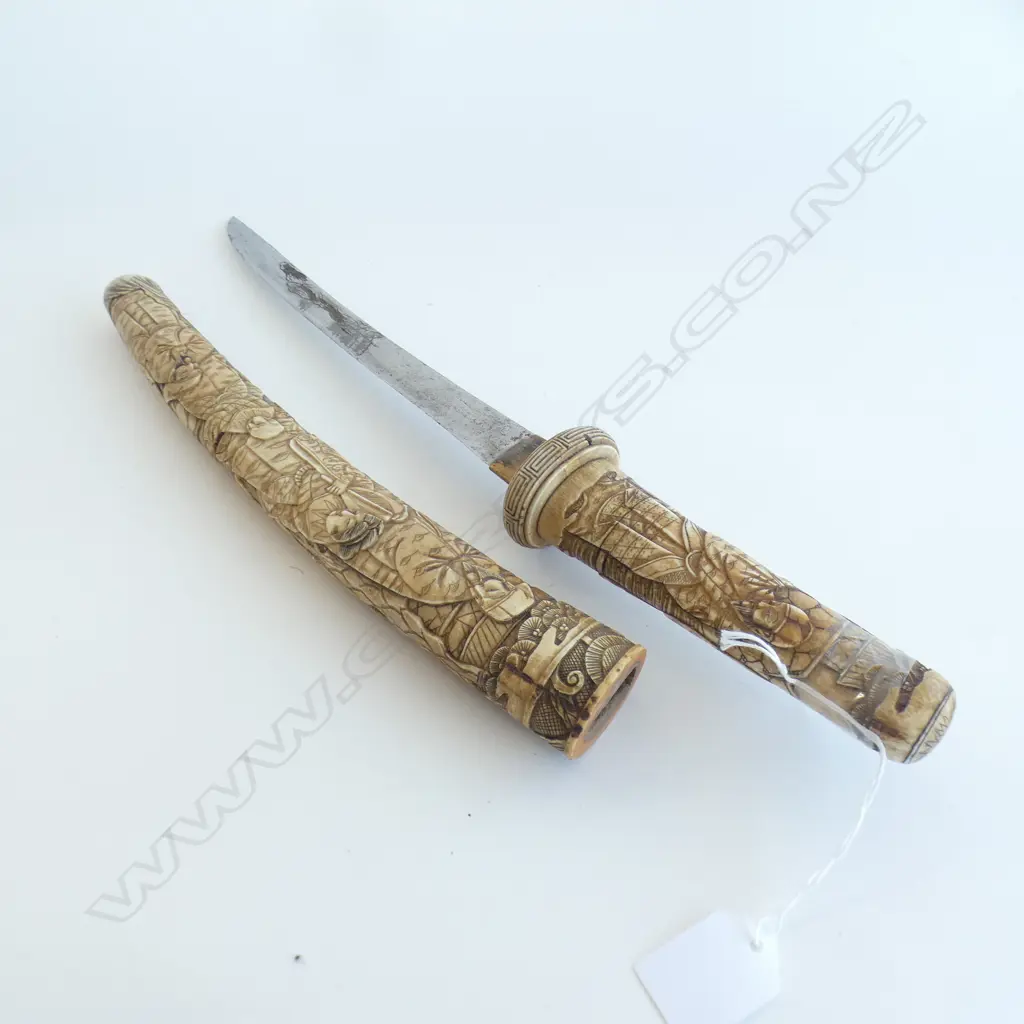 OLD JAPANESE CARVED BONE TANTO DAGGER & SCABBARD L.455mm... Image 1++