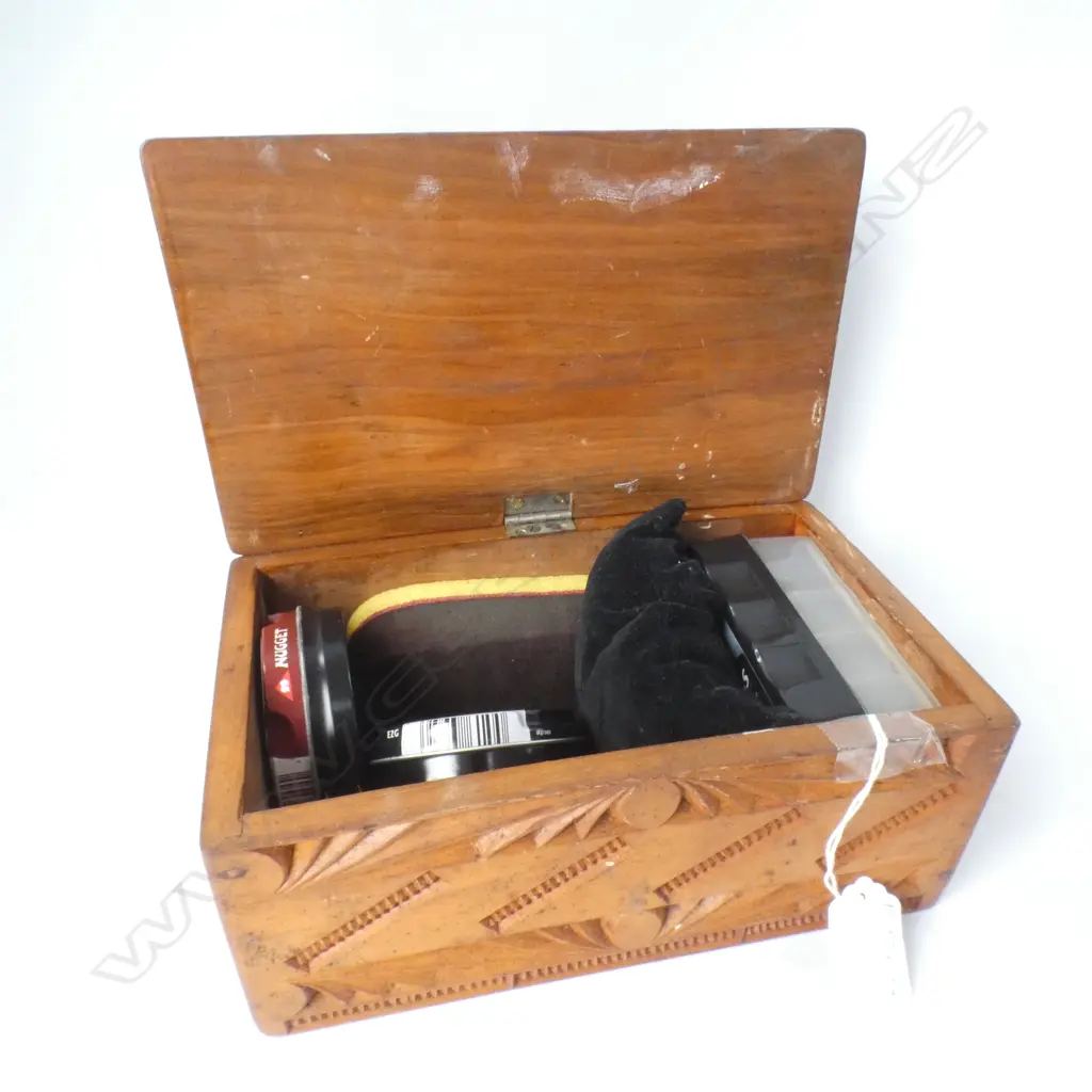 OLD CARVED WOODEN BOX (L225MM) WITH ASST SHOE CLEANING ASSORTMENTS Image 1++