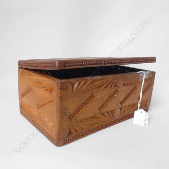 OLD CARVED WOODEN BOX (L225MM) WITH ASST SHOE CLEANING ASSORTMENTS