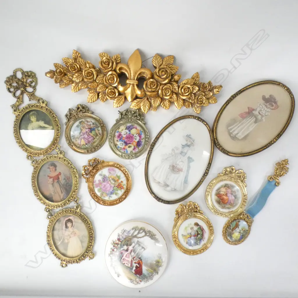 ASST GILT FRAMES INCL 5 W LIMOGES PORCELAIN PLATES (DIA 88MM) ETC. PLUS GOLD GILDED WALL HANGERS Image 1++
