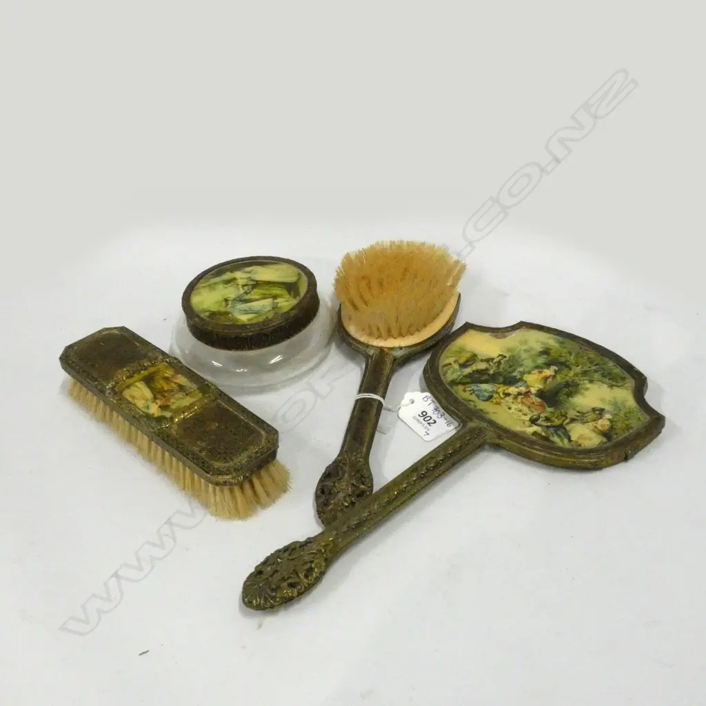 VINTAGE 4 PC DRESSING TABLE SET; 2 BRUSHES, HAND MIRROR & LIDDED DISH A/F Image 1++