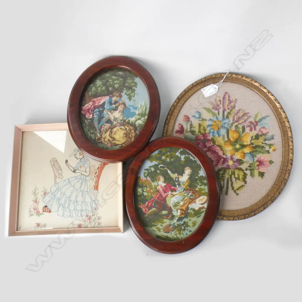 3 FRAMED TAPESTRIES INCL 1 GILT FRAMED (335 X 285MM) + CRINOLINE LADY FRAMED LONG STITCH SQ220MM Image 1++