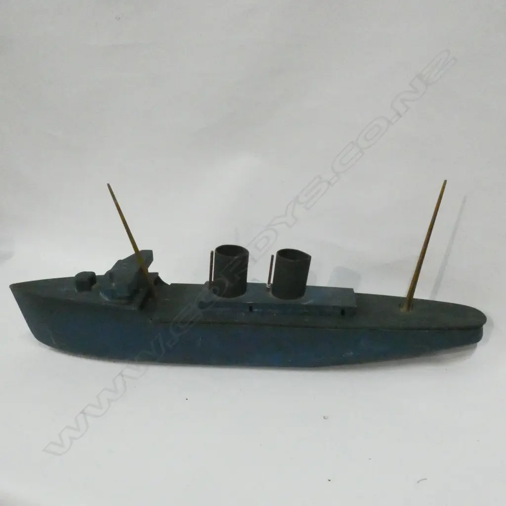 VINTAGE SCRATCH BUILT BLUE PAINTED MODEL SHIP L.610mm Image 1++