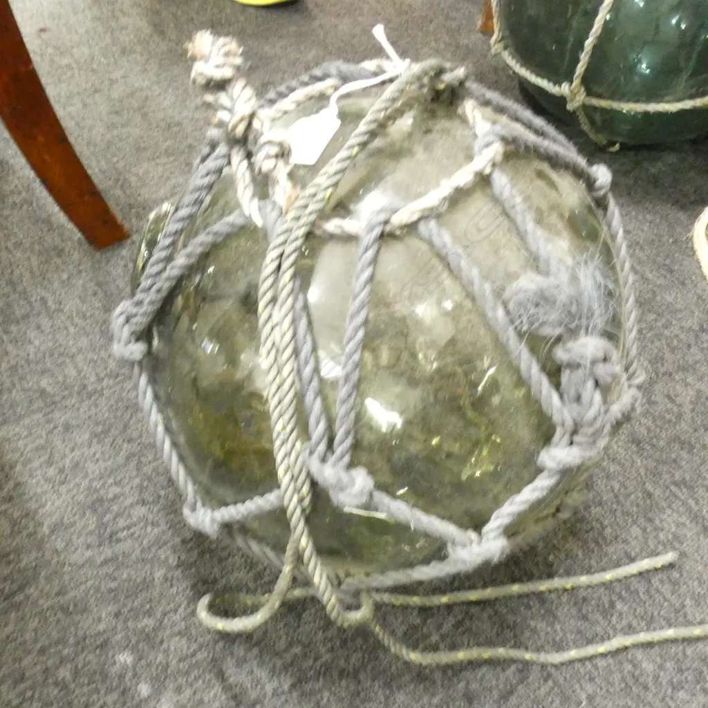 OLD GREEN GLASS FISHING FLOAT w. NETTING Dia.320mm Image 1++
