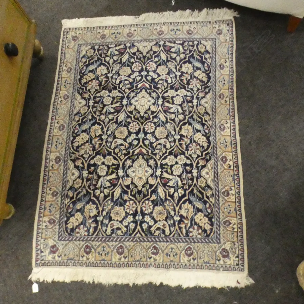HAND KNOTTED WOOL PILE RUG; BLUE GROUND w. BIRDS 1250x930mm Image 1++