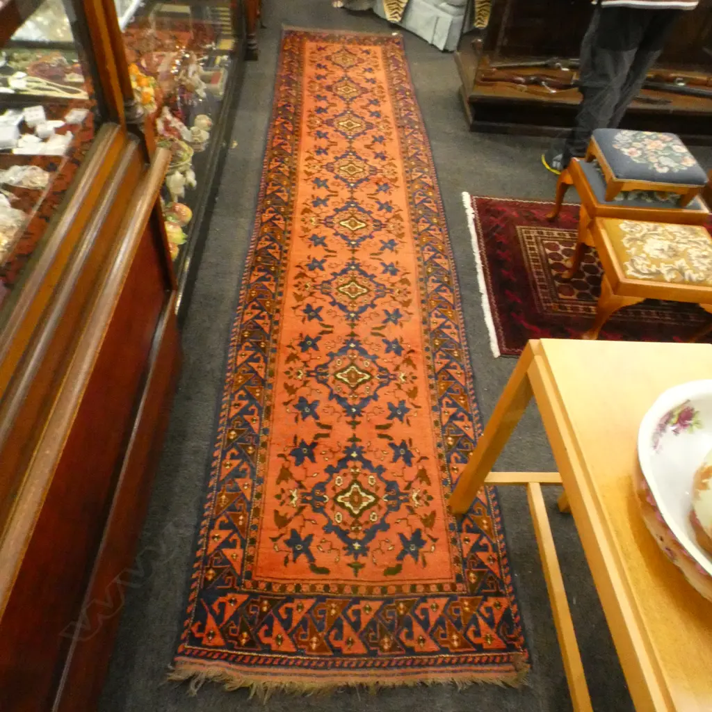 PERSIAN HAND KNOTTED RUNNER RUG - RED, ORANGE & BLUE TONES Image 1++
