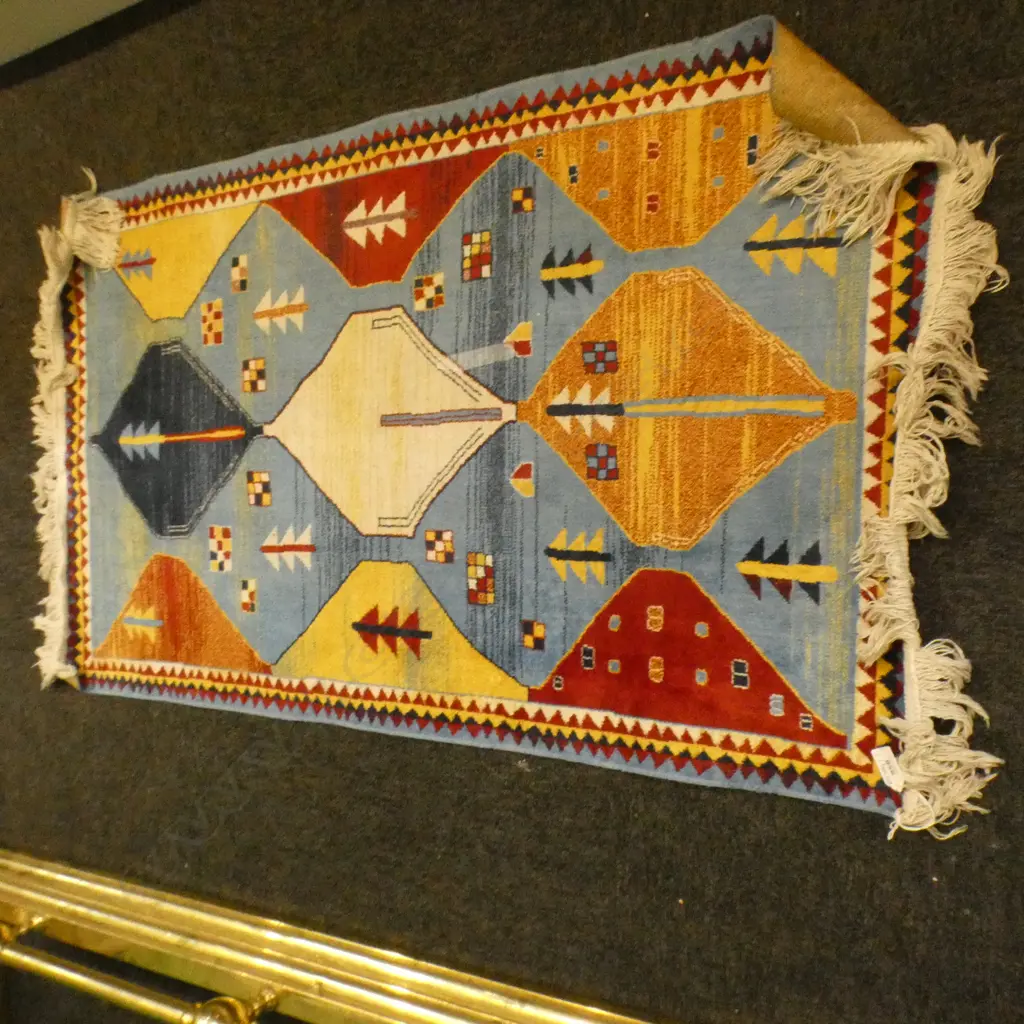 MACHINE WOVEN RUG GEOMETRIC DESIGN REDS, BLUES, YELLOW 1110x670mm Image 1++