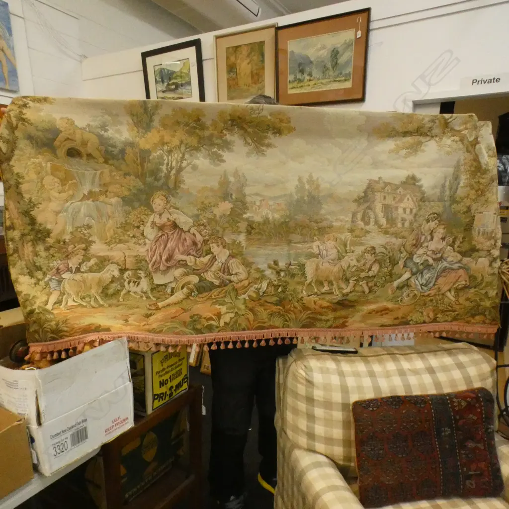 VINTAGE WALL TAPESTRY - COUNTRY SCENE PICNIC WITH CHERUBS - PINK FRINGE 1620 X 700MM Image 1++