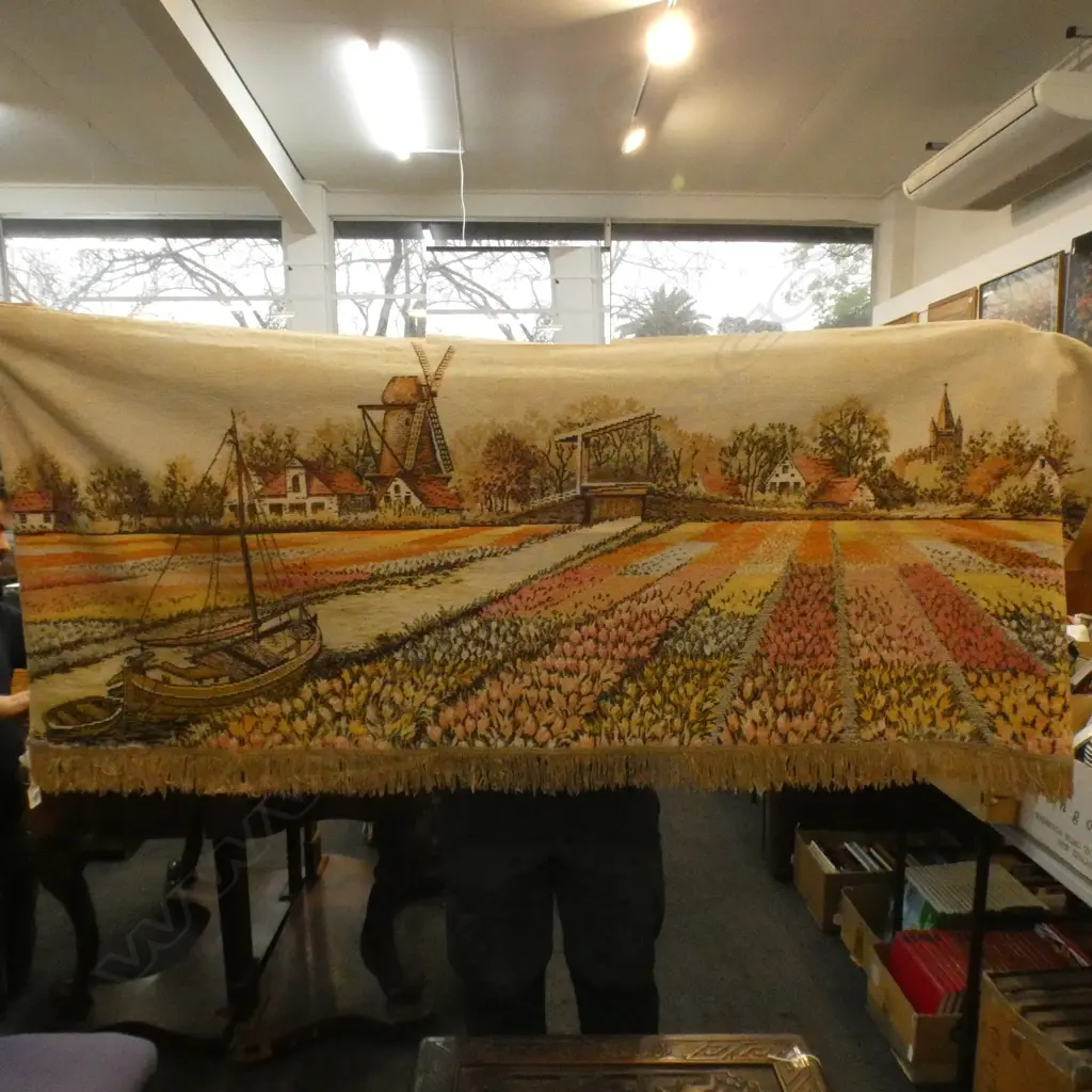 VINTAGE WALL TAPESTRY - DUTCH SCENE WITH WINDMILL & TULIPS  660 X 1660MM Image 1++