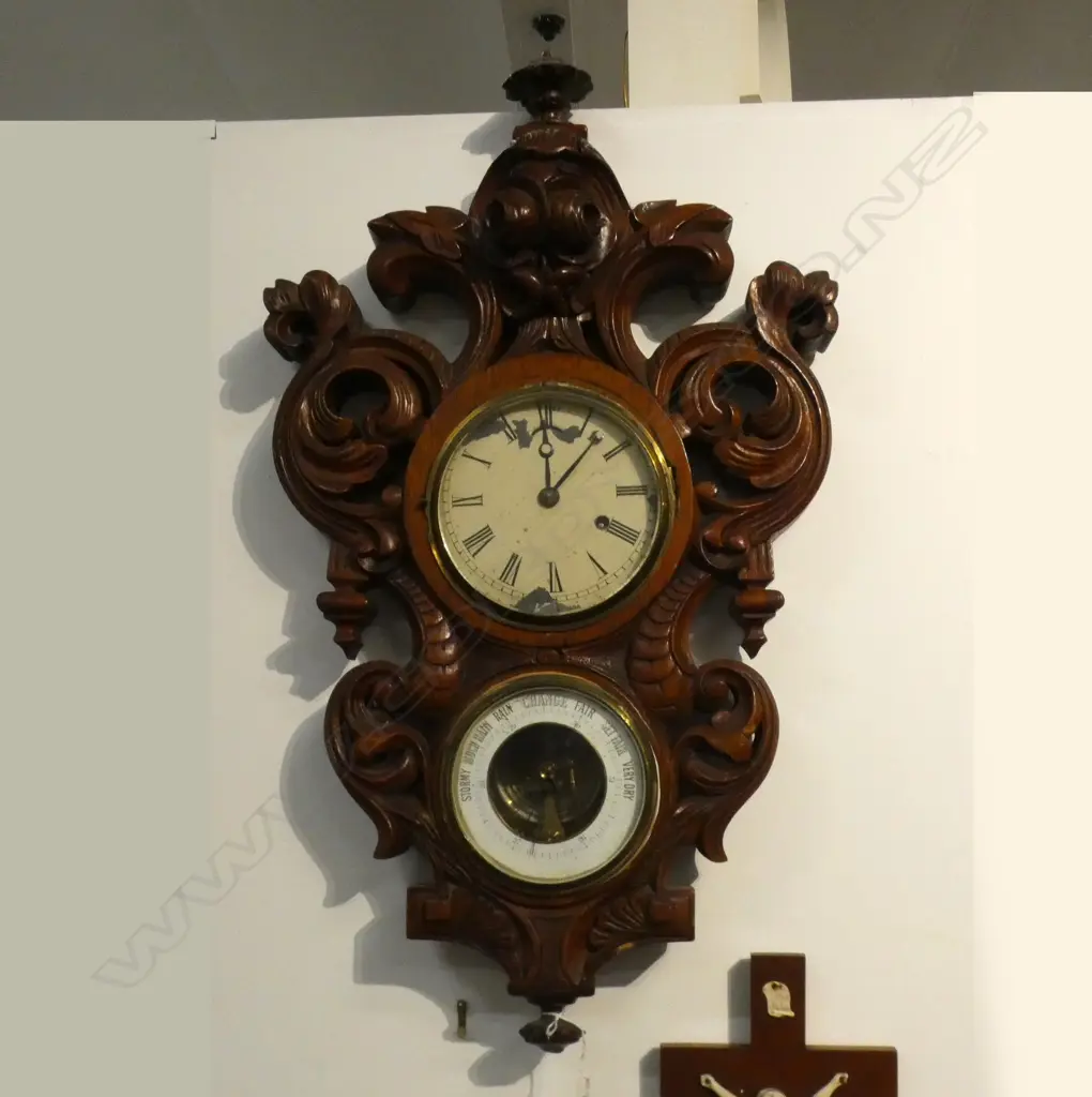 VINTAGE CARVED WOODEN BAROMETER H.670mm Image 1++