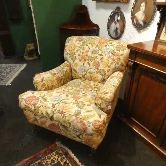 ARMCHAIR UPHOLSTERED IN CREWEL WORK PRINT FABRIC