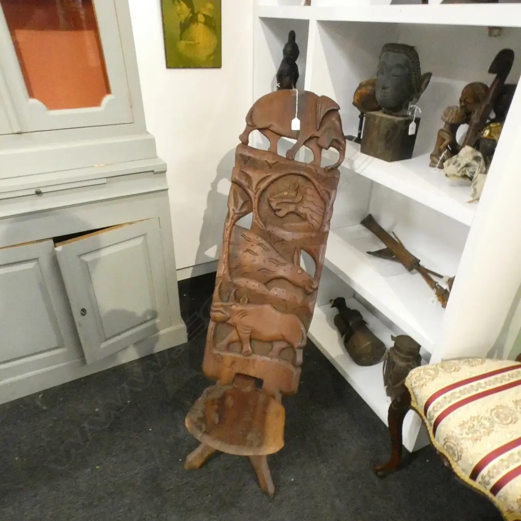 SOUTH AFRICAN HAND CARVED TRIBAL 2 PC CHAIR H 1279 MM Image 1++