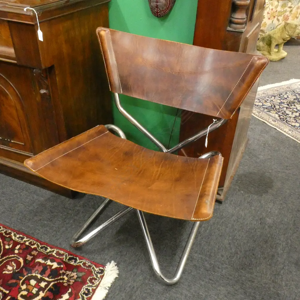 ERIK MAGNUSSEN 'Z-DOWN' FOLDING CHAIR IN CHROME (some pitting) & BROWN LEATHER Image 1++