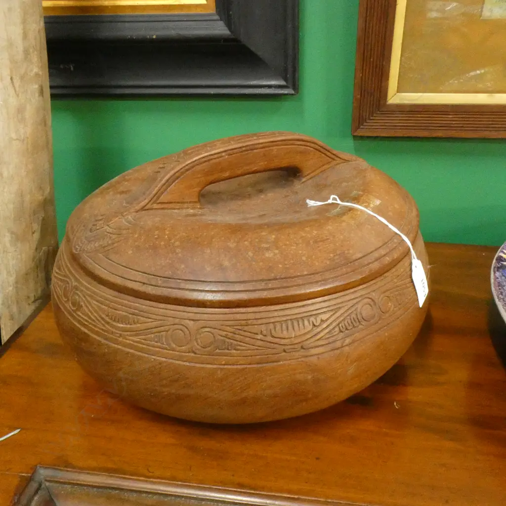 CARVED WOODEN LIDDED CONTAINER 340mm dia Image 1++