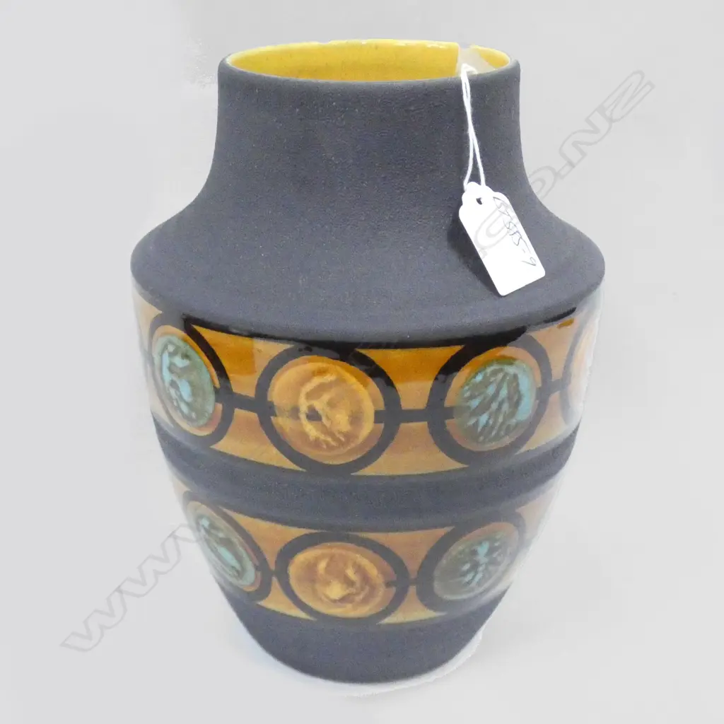 WEST GERMAN RETRO VASE MATT BLACK W GLAZED CIRCLE BANDS H.215mm Image 1++