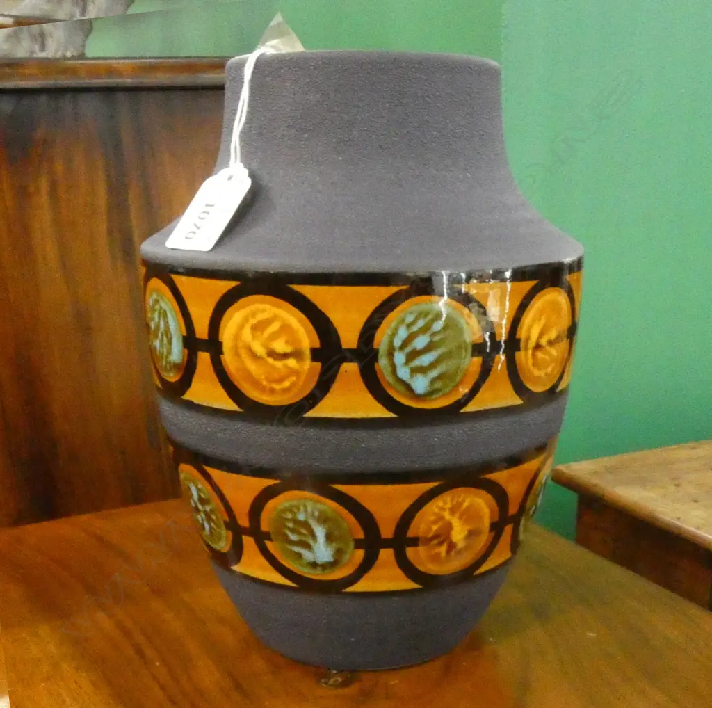 WEST GERMAN RETRO VASE MATT BLACK W GLAZED CIRCLE BANDS H.215mm Image 1++