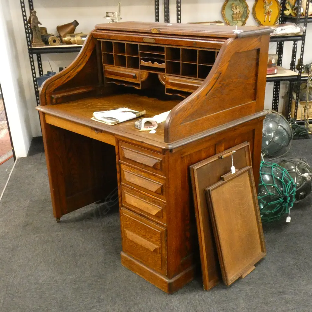 C1910 CUTLER OAK ROLL TOP DESK. SMALL SIZE LABELLED... Image 1++
