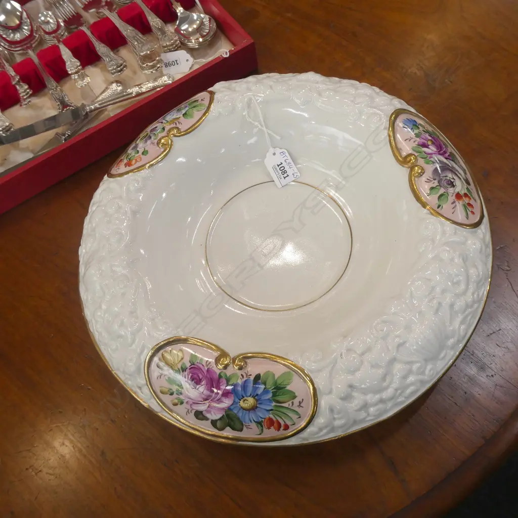 LG CAPODIMONTE 3 LEGGED BOWL - ROLLED WIDE BRIM WITH GOLD RIMMED FLOWER DECALS  DIA 360MM Image 1++